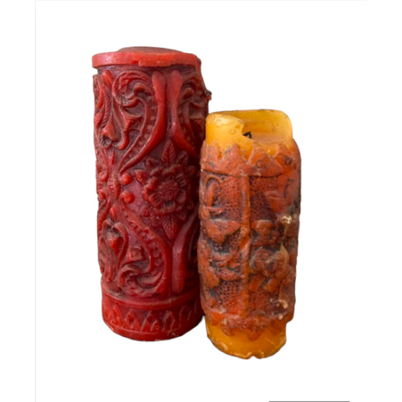 1970's FLORAL Carved Candles - Vintage Red & Orange Brocade Pillar Candles - Picture 1 of 6